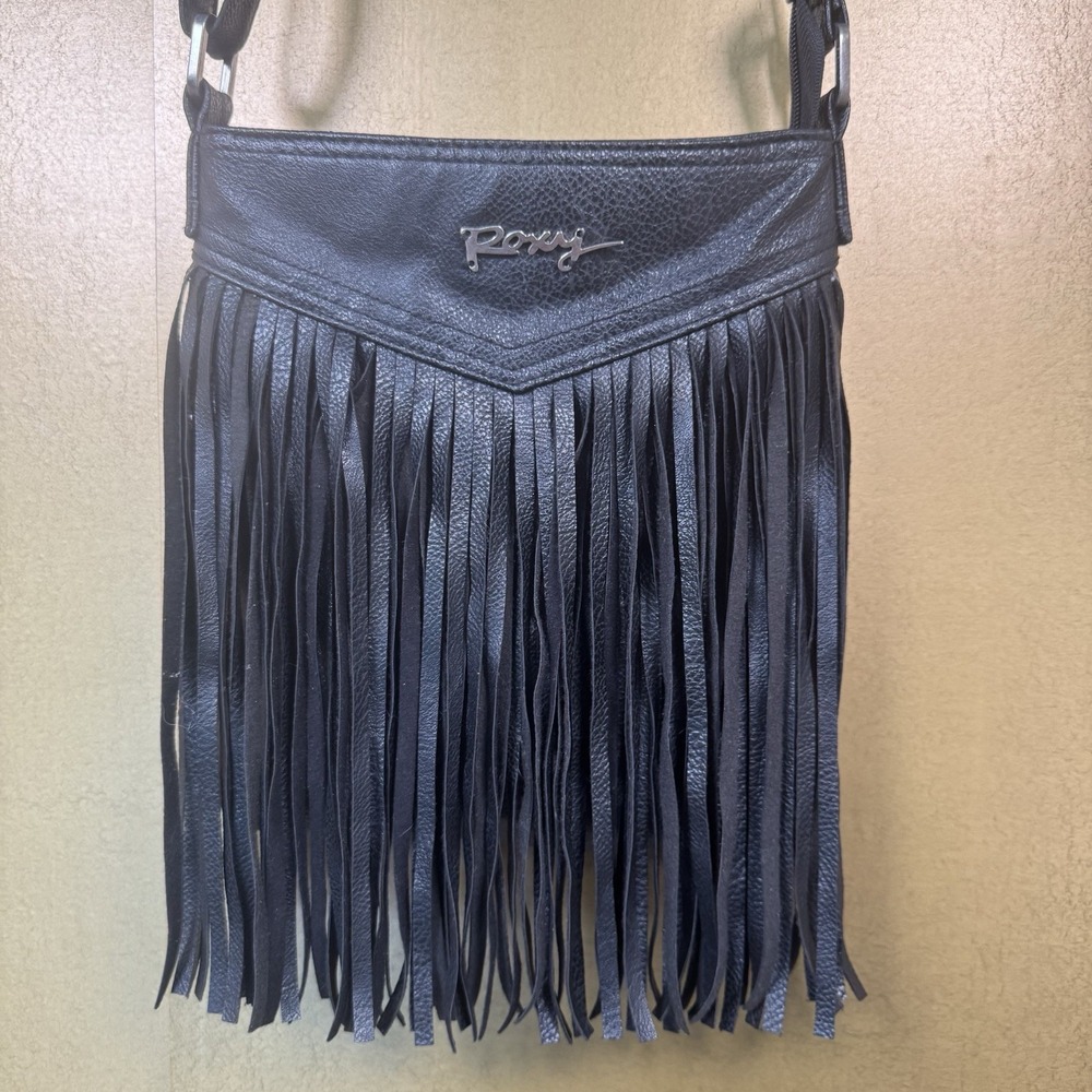 Roxy Boho Black Fringe Boho Crossbody Bag 9"x9.5" Adjustable Strap Faux Leather